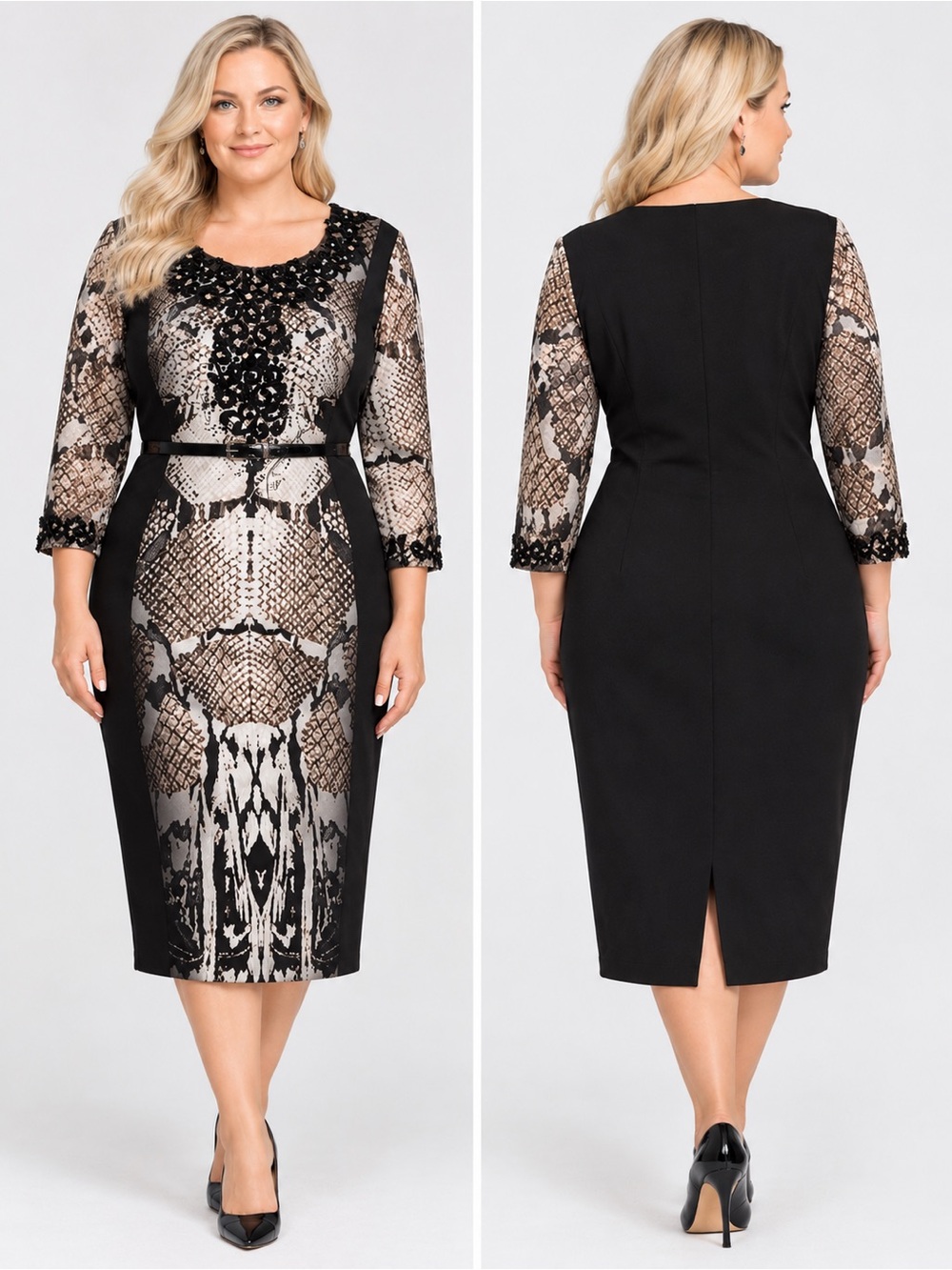 NWT WOMEN PLUS SIZE DRESS FORMAL 3/4 SLEEVES ANIMAL PRINT BELTED LINED GOWN